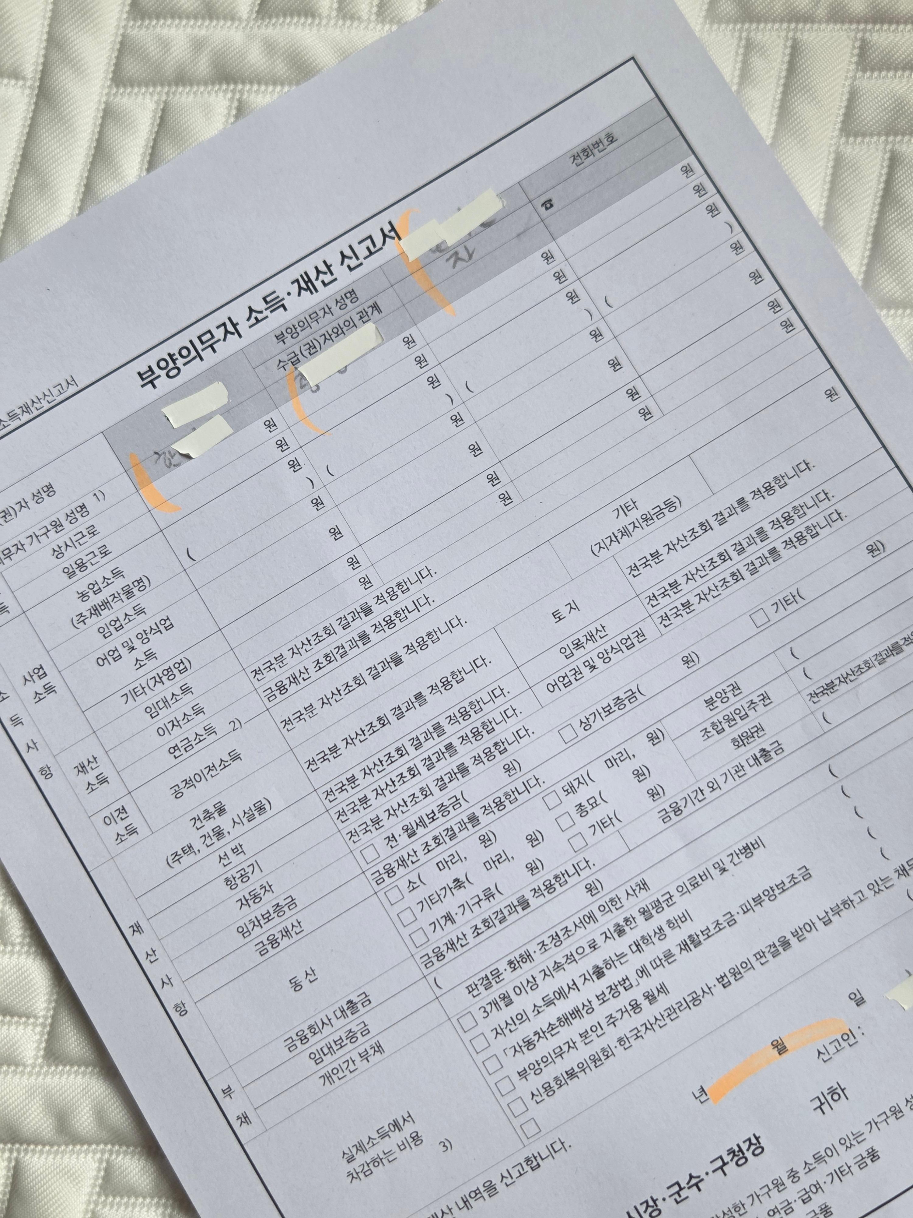 부양의무자 소득 재산 산고서