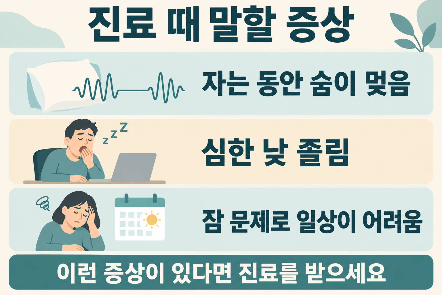 진료 때 말할 호흡 중단, 심한 낮 졸림, 불면으로 인한 일상생활의 어려움