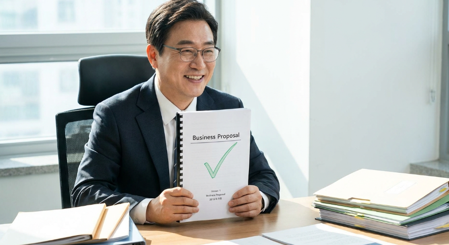 심사위원이 긍정적인 표정으로 서류를 확인하며 체크하는 모습