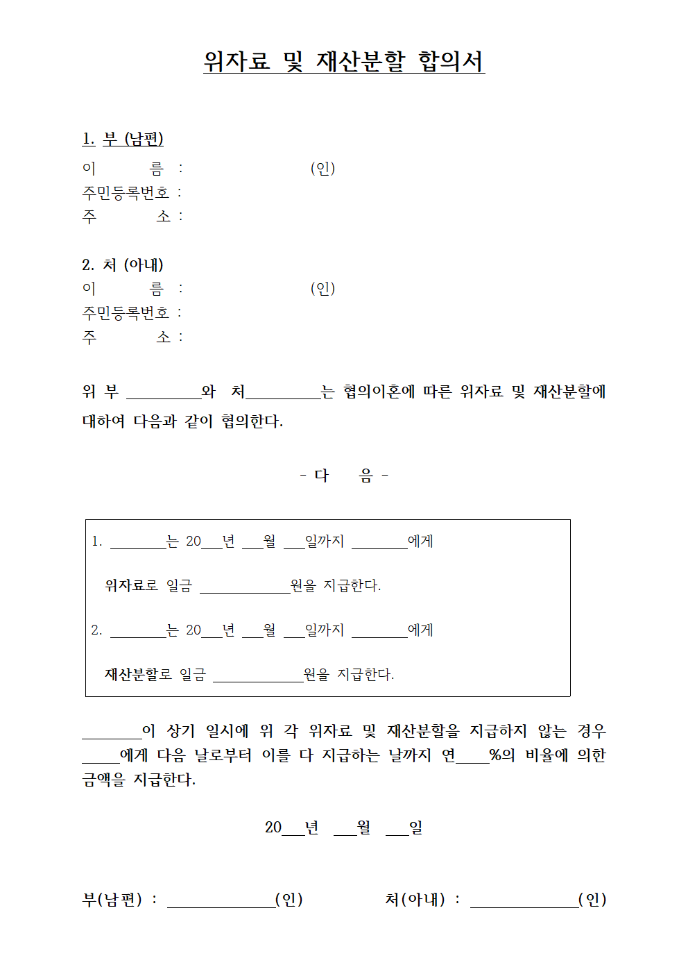 위자료 및 재산분할 협의서