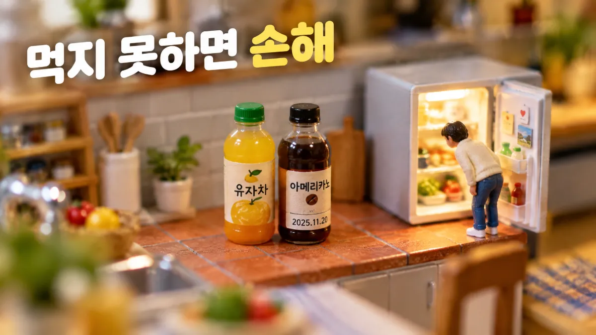 유통기한이 임박한 음료 두 병과 냉장고를 확인하는 모습을 담은 미니어처 디오라마