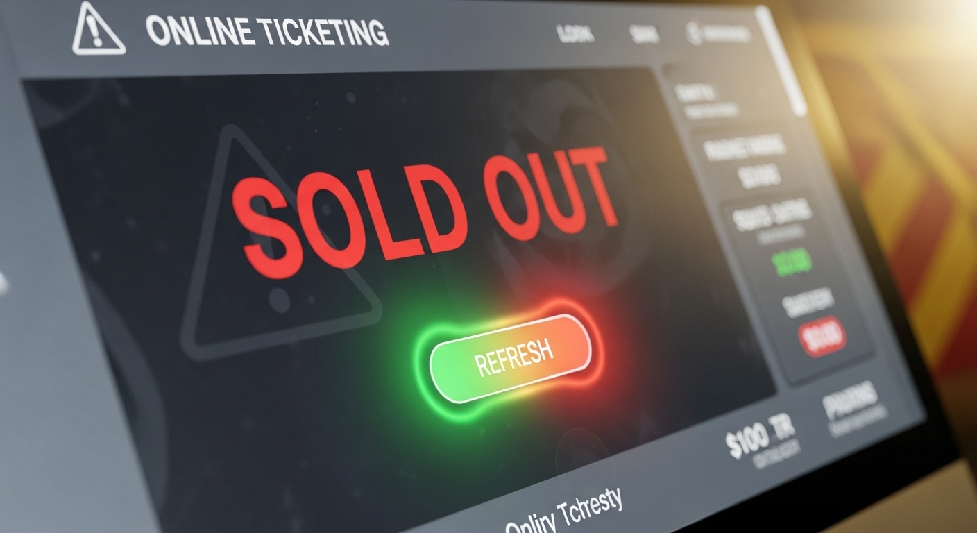 매진된 티켓 예매 화면과 취소표를 노릴 수 있음을 암시하는 '새로고침' 버튼이 강조된 컴퓨터 모니터.
