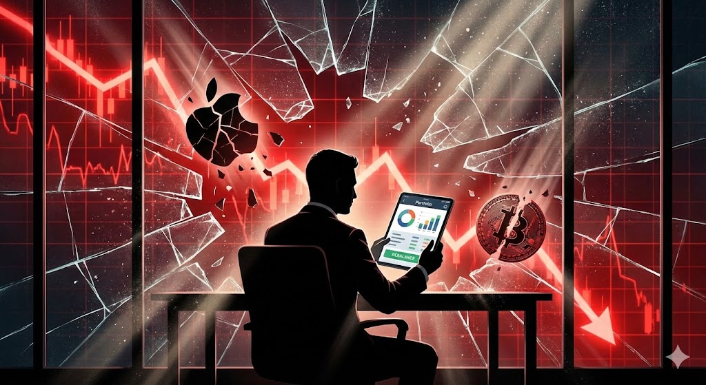 깨진 유리창 너머로 하락하는 애플 로고와 비트코인 심볼, 그 뒤로 평온하게 포트폴리오를 조정하는 투자자의 실루엣이 대비되는 강렬한 이미지