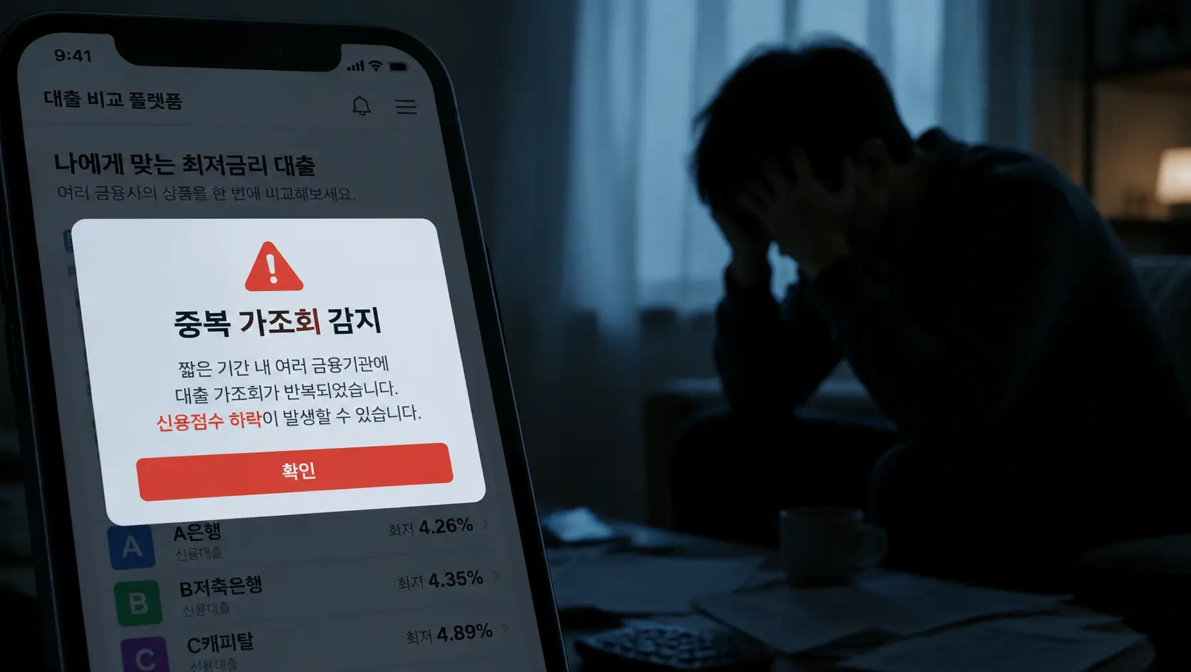 스마트폰 화면에 뜬 대출 플랫폼 중복 가조회 경고 메시지와 절망하는 사용자의 실루엣