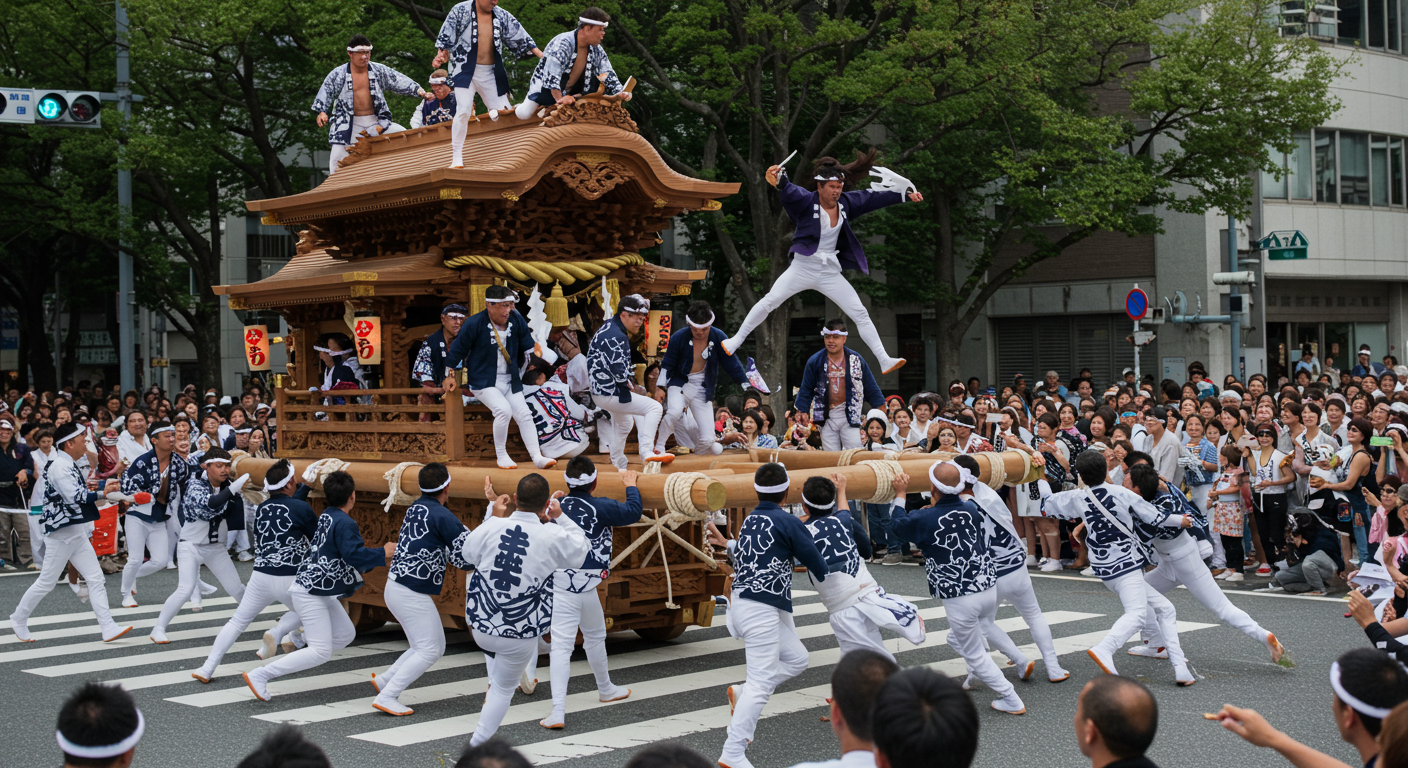 오사카 기시와다 단지리 마츠리에서 야리마와시 기술을 선보이는 모습