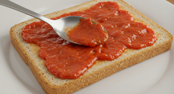 식빵에 스파게띠 소스를 바르고 있는 이미지
