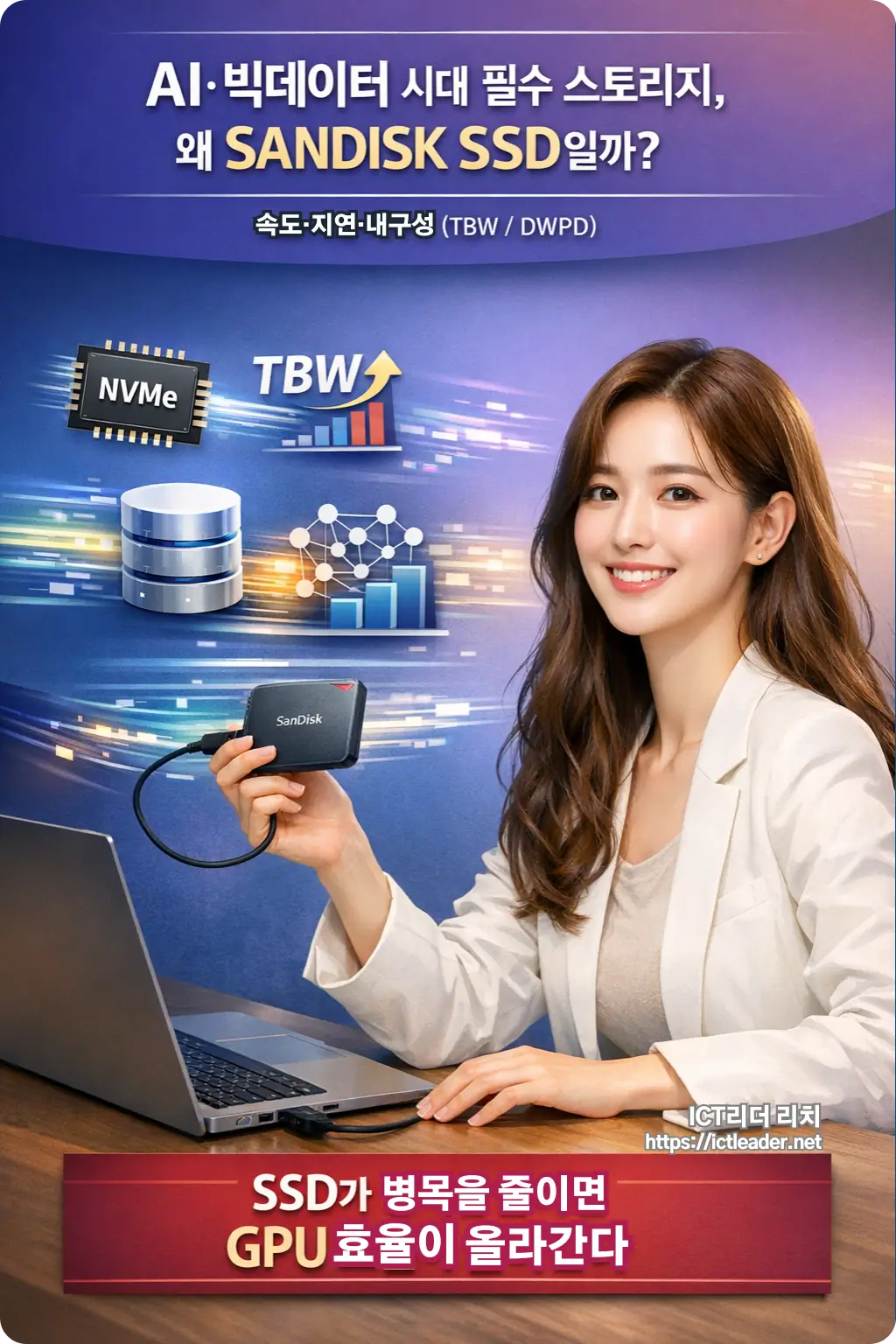 AI와 빅데이터 환경에서 SanDisk 외장 SSD를 노트북에 연결한 20대 여성 전문가가 속도&middot;지연&middot;내구성(TBW/DWPD)을 강조하며 SSD가 AI 성능 병목을 줄이는 것을 시각화한 고해상도 인포그래픽 이미지