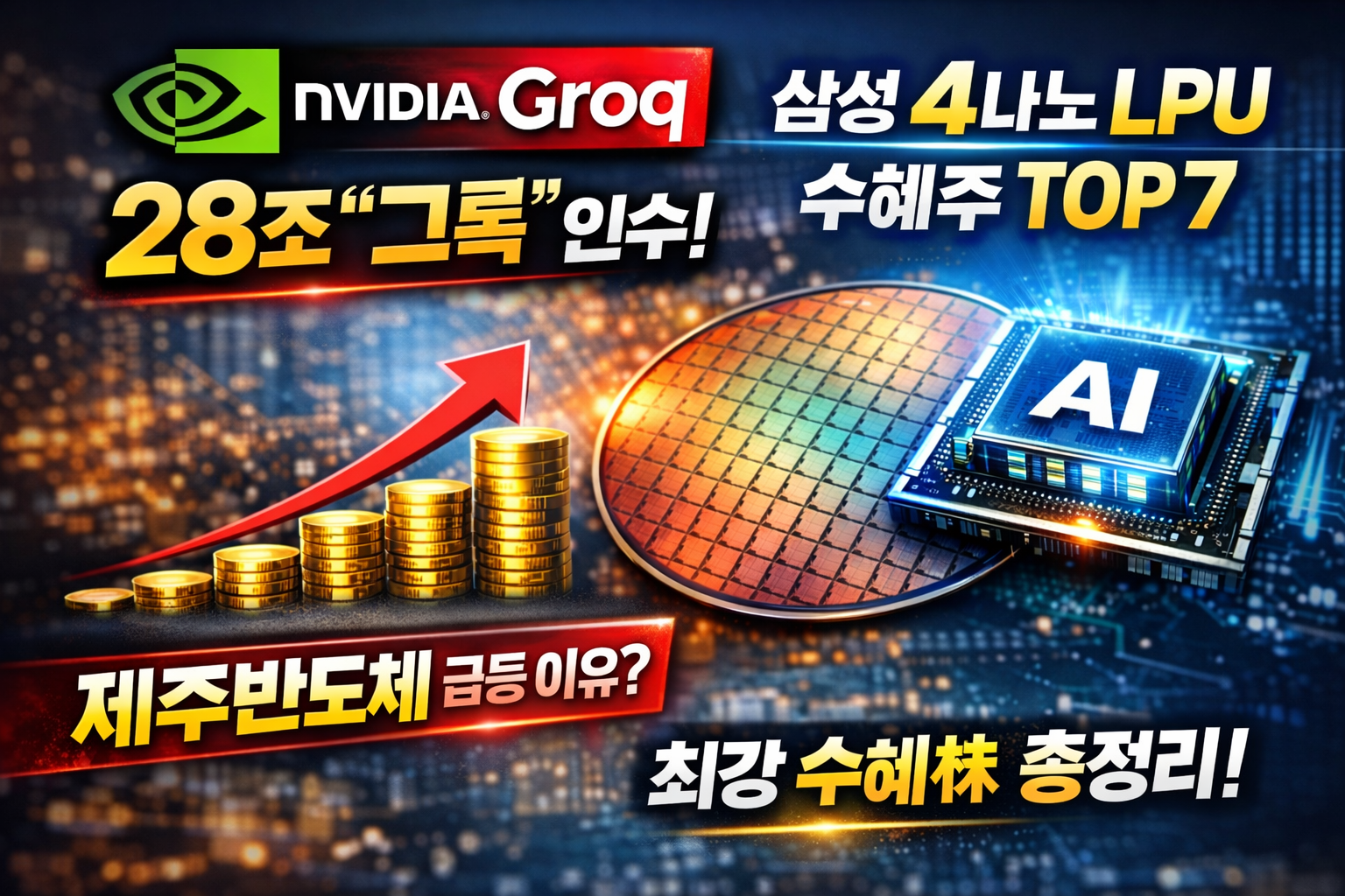 엔비디아 그록 인수와 삼성전자 4나노 LPU AI 반도체를 상징하는 반도체 칩과 웨이퍼 이미지, AI 추론 반도체 수혜주 이슈 썸네일