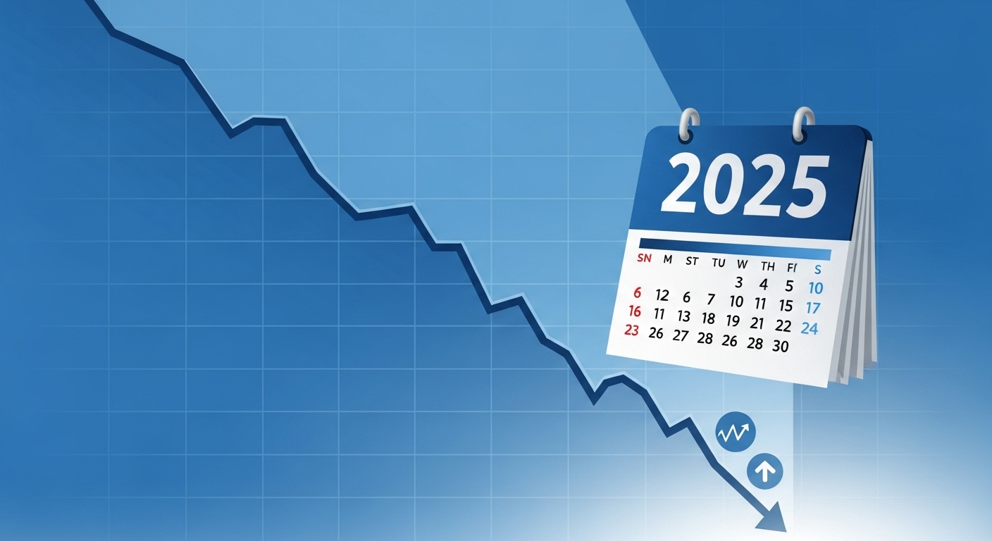 2025년 금리 하락 추세를 보여주는 그래프와 달력 이미지. 저금리 기조 속 대출 갈아타기 기회를 상징합니다.