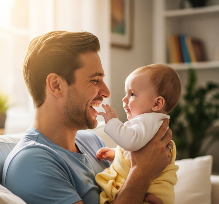 아빠가 아기를 안고 있는 다정한 모습. 아기와 함께 눈을 맞추며 웃고 있는 모습에서 평온하고 행복한 가족의 분위기가 느껴진다.
