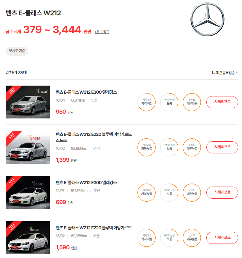 09-17년식 벤츠 E클래스 중고차 시세