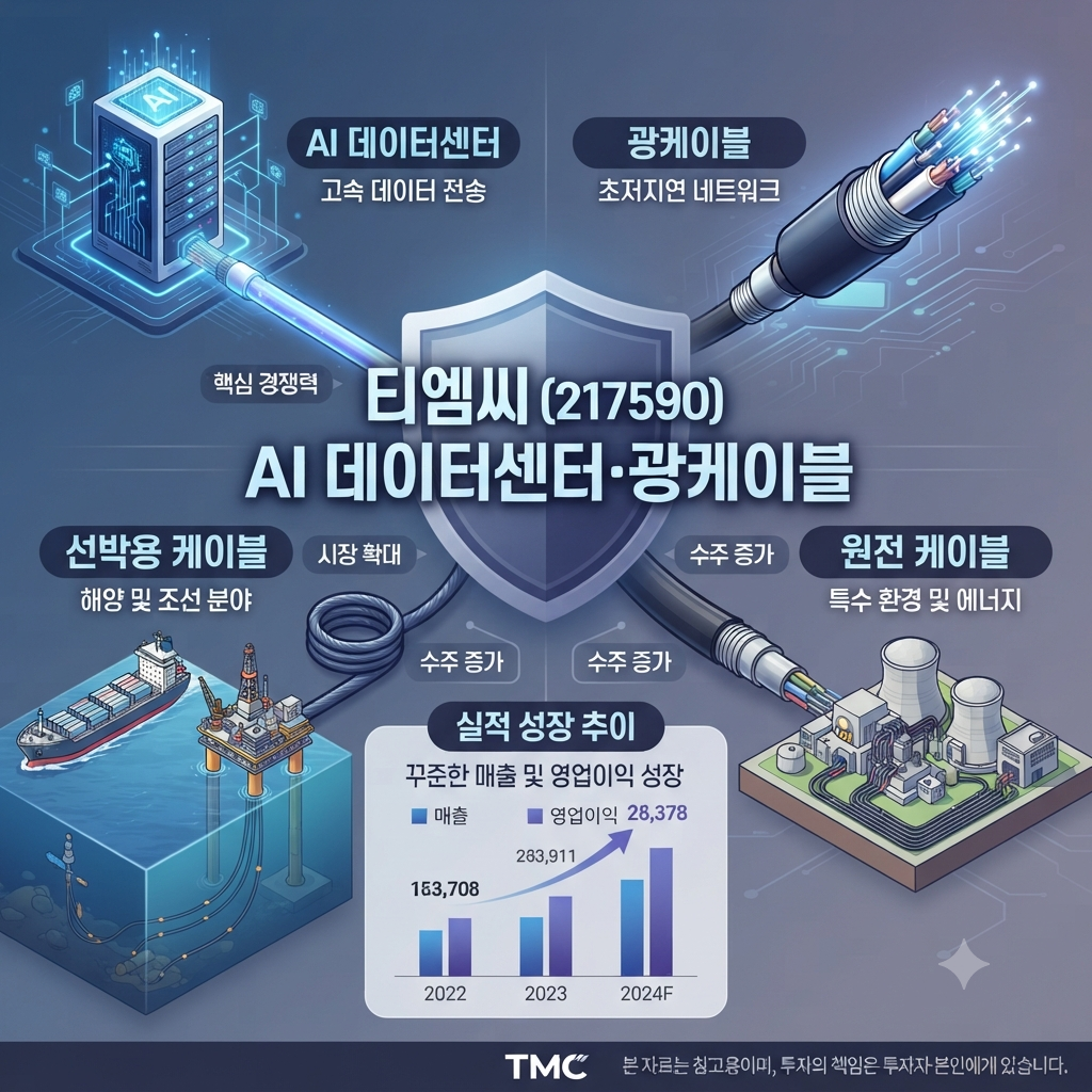 티엠씨의 AI 데이터센터 광케이블 사업과 2분기 실적을 보여주는 기업분석 이미지