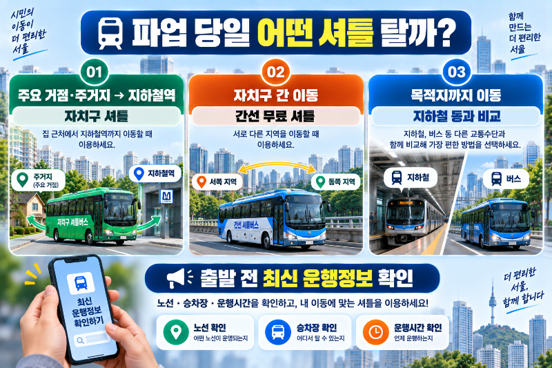 서울 버스 파업 당일 자치구 무료 셔틀과 간선 셔틀 및 지하철 선택방법 인포그래픽