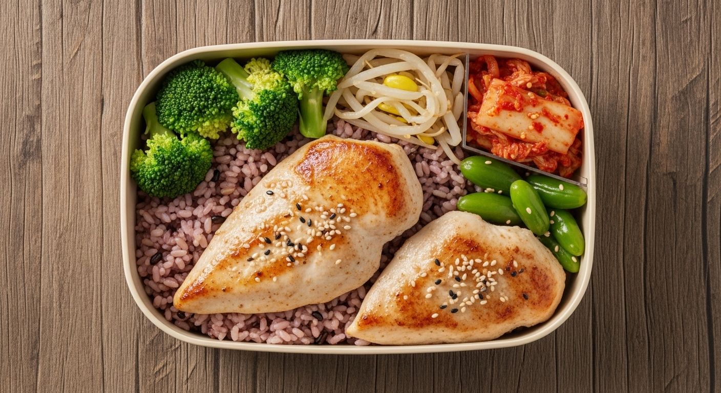 닭가슴살, 현미밥, 브로콜리로 구성된 균형 잡힌 한국식 도시락