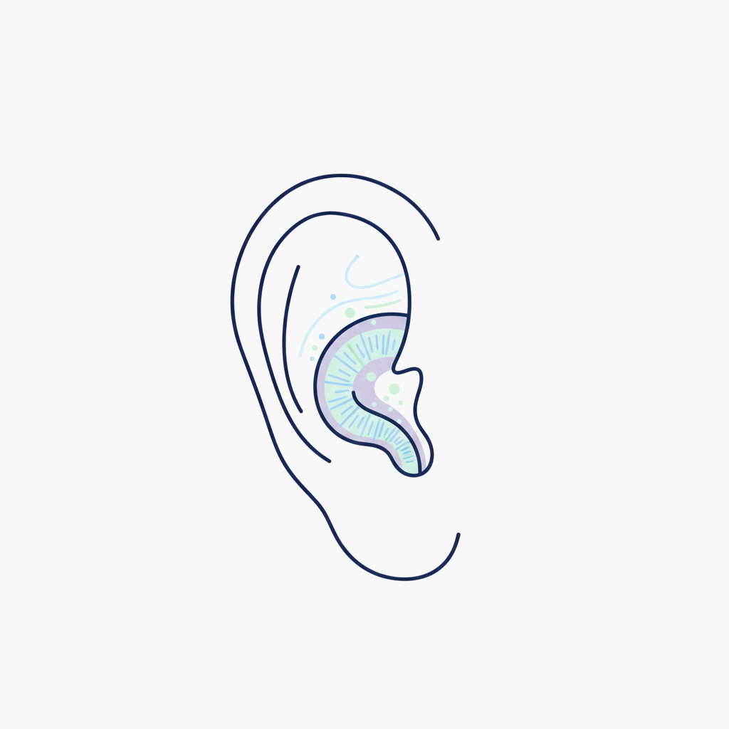 조용할 때 귀에서 삐소리 나는 현상을 상징적으로 표현한 귀 일러스트레이션