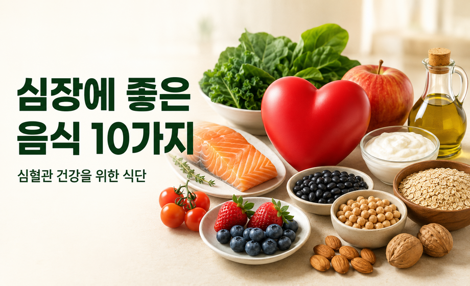 심장에 좋은 음식 10가지와 연어, 견과류, 귀리, 채소, 과일 등 심혈관 건강 식단 이미지