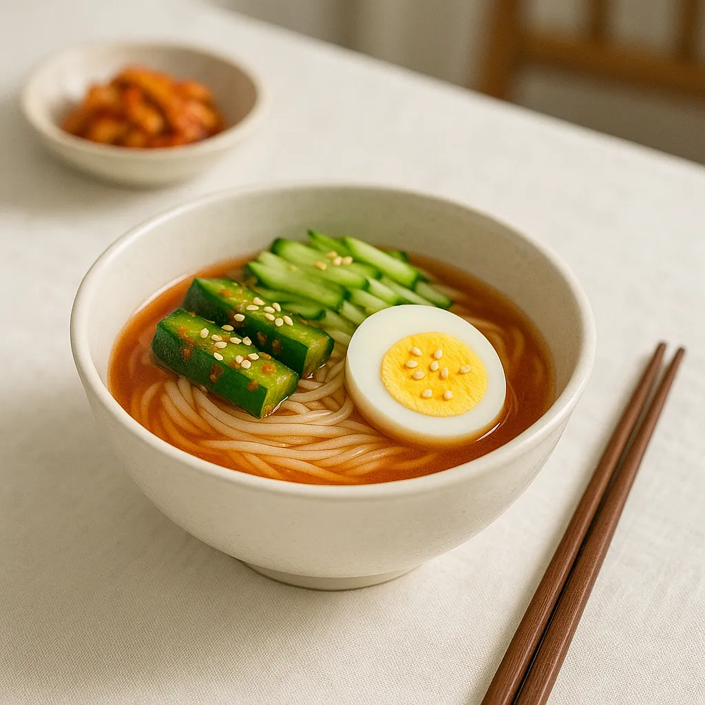 흰 식탁 위에 오이소박이 국수와 젓가락&amp;#44; 반찬이 세팅된 모습