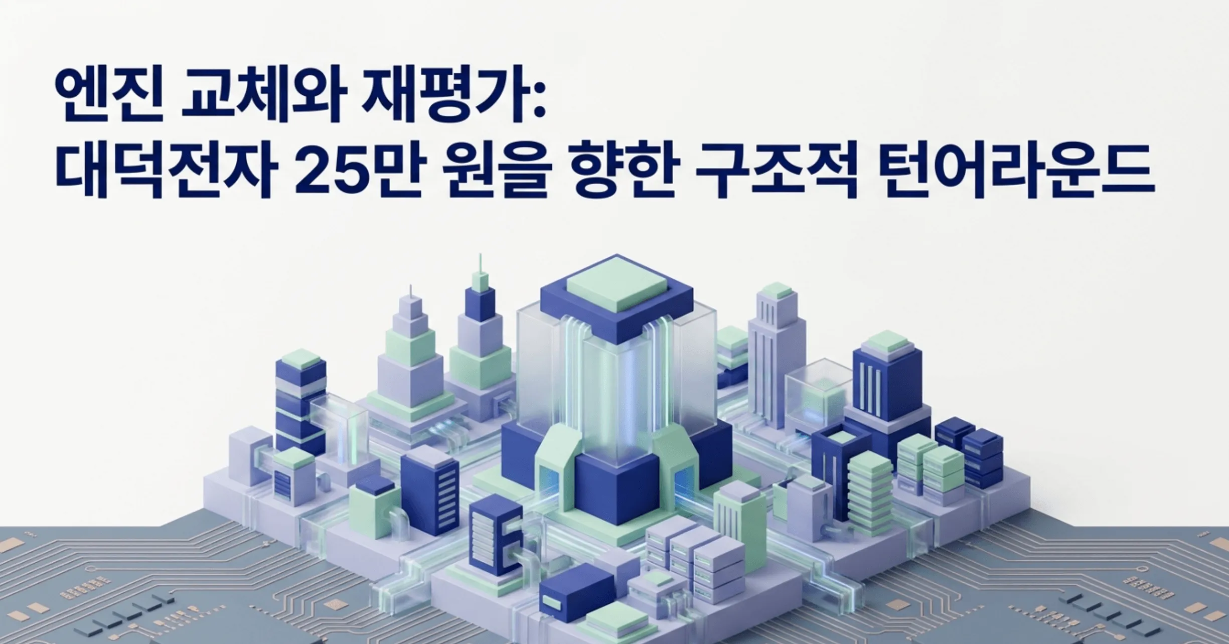 대덕전자 주가 전망: &rsquo;엔진 교체와 재평가: 대덕전자 25만 원을 향한 구조적 턴어라운드'라는 문구가 담긴 대표 이미지. 반도체 회로기판 위에 솟은 미래형 도시를 통해 대덕전자의 FC-BGA 흑자전환과 AI 데이터센터 기판 회사로의 구조 변화, 증권사 목표주가 25만 원을 시각적으로 전달하며, 블로그의 대덕전자 주가 전망 종목 분석 주제를 설명함