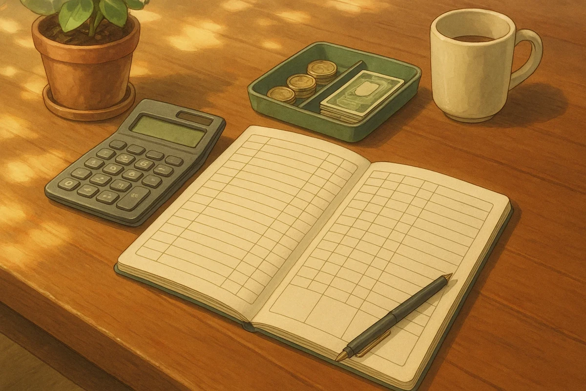 예산 가계부와 계산기, 동전, 커피가 놓인 따뜻한 테이블