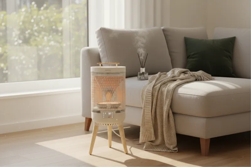 거실에서 1초 난방 전기히터 사용하는 모습