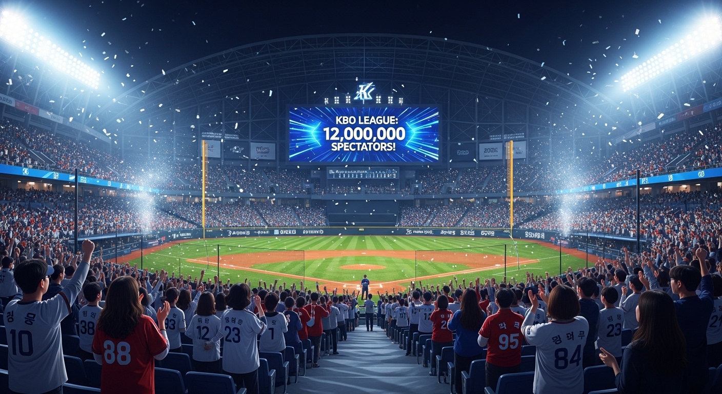 1200만 관중을 돌파하며 열광하는 2025 KBO리그 야구 경기장 전경. 화려한 조명 아래 팬들이 열정적으로 응원하며 축제 분위기를 만끽하고 있다.