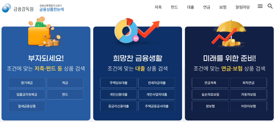 금융상품 한눈에 사이트 화면