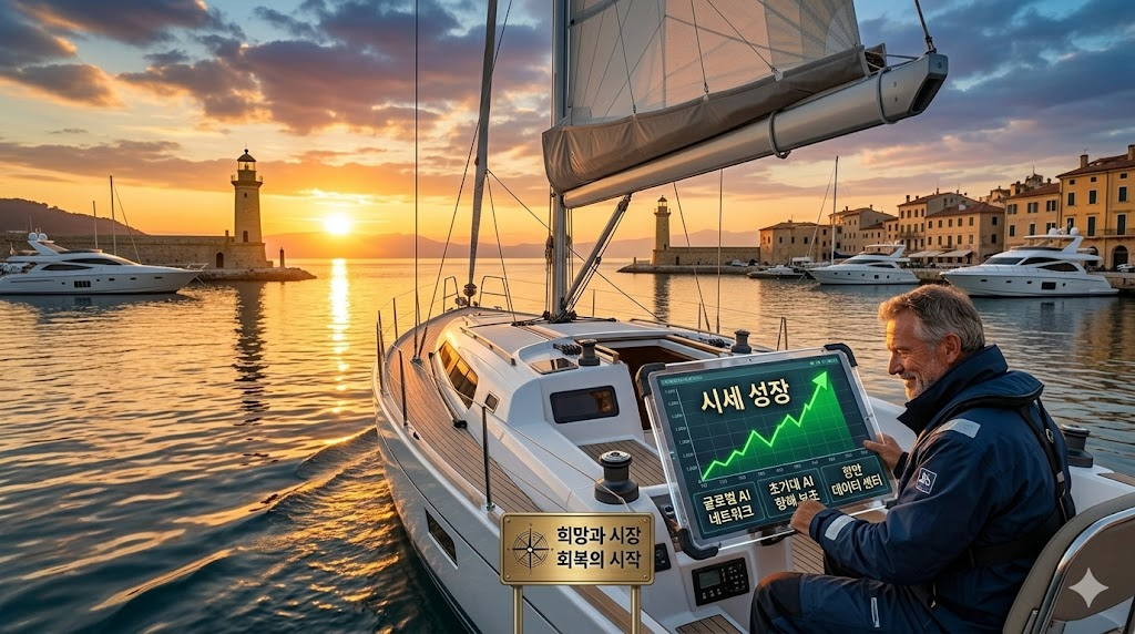 거친 파도를 뚫고 안전한 항구로 들어오는 돛단배와 그 위에서 데이터 차트를 보며 미소 짓는 투자자의 모습