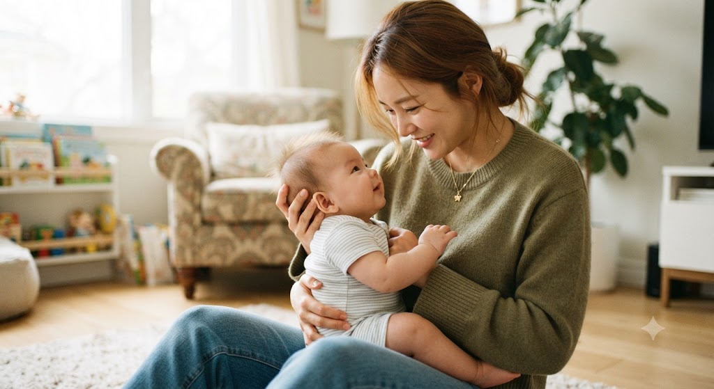 엄마가 아이를 안고 있는 모습