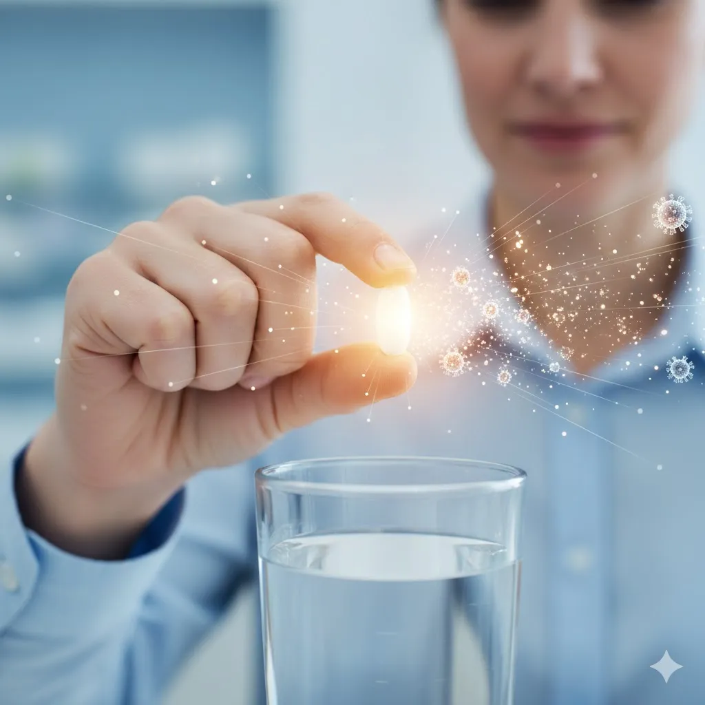 환자의 손에 약이 들려있거나&amp;#44; 물과 함께 약을 복용하는 모습입니다. 약의 형태를 명확히 보여주고&amp;#44; 약 주변에서 밝은 빛이 퍼져나가거나 독감 바이러스가 소멸되는 듯한 효과를 그래픽적으로 연출하여&amp;#44; 약이 가져다줄 치유와 회복의 희망을 표현합니다. 전반적으로 깨끗하고 전문적인 느낌을 주도록 합니다. 