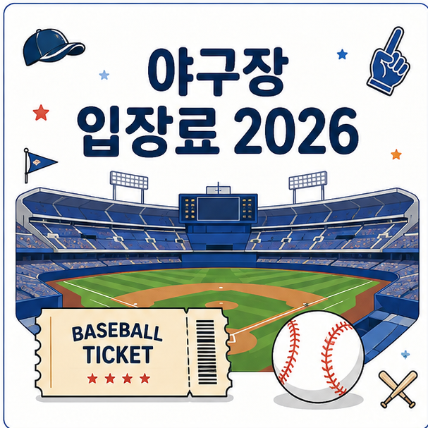 프로야구 경기장과 입장권, 야구공으로 표현한 2026년 야구장 입장료 안내 이미지