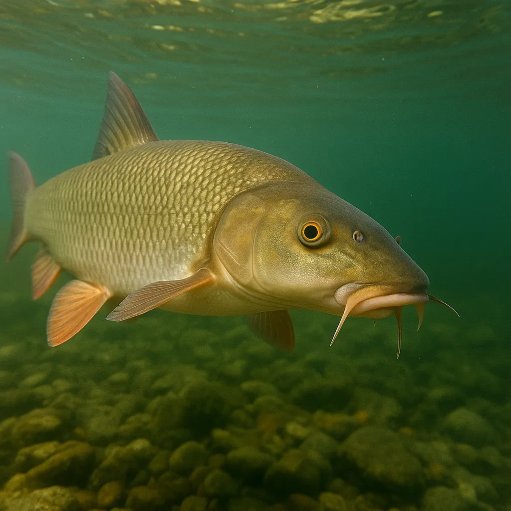 맑은 강물 속을 헤엄치는 누치의 클로즈업 모습