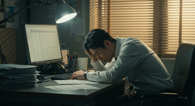만성 피로로 책상에 엎드린 한국인 직장인
