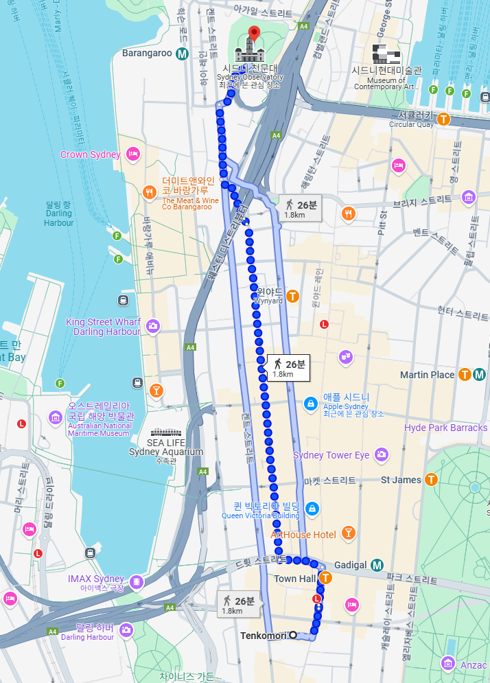 Tenkomori, Regent Place Shopping Centre, 29/501 George St, Sydney NSW 2000 오스트레일리아 → 옵저버토리 힐 공원 오스트레일리아 2000 New South Wales, Millers Point, Upper Fort St 경로