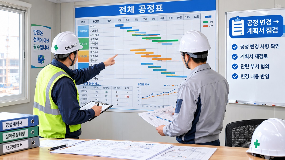 건설현장 사무실에서 안전관리자와 공사 담당자가 공정표를 보며 계획서 내용을 점검하는 모습