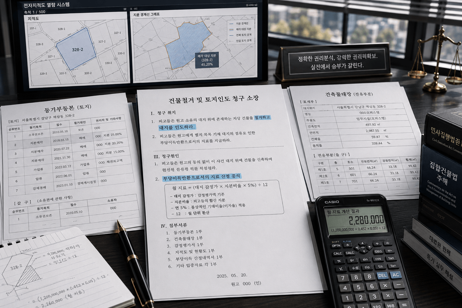 토지 등기부등본상의 지분 매각 내역서와 지상 건물의 전유부분 건축물대장 원본이 나란히 펼쳐진 채, 법원에 제출할 건물처분금지가처분 및 지료청구 소장의 핵심 자구들을 심도 있게 검토하는 이미지