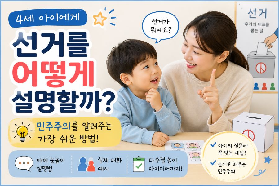 4세 아이에게 선거와 민주주의를 설명하는 부모와 아이 모습