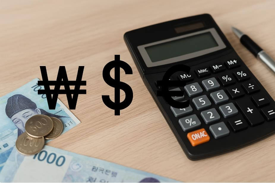 원화&middot;달러&middot;유로 기호와 계산기, 한국 지폐와 동전이 놓인 책상.