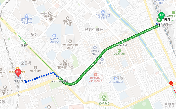 대전역과 서대전역 지도