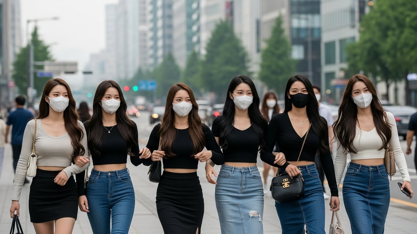 마스크를 쓰고 걸어가는 여성들