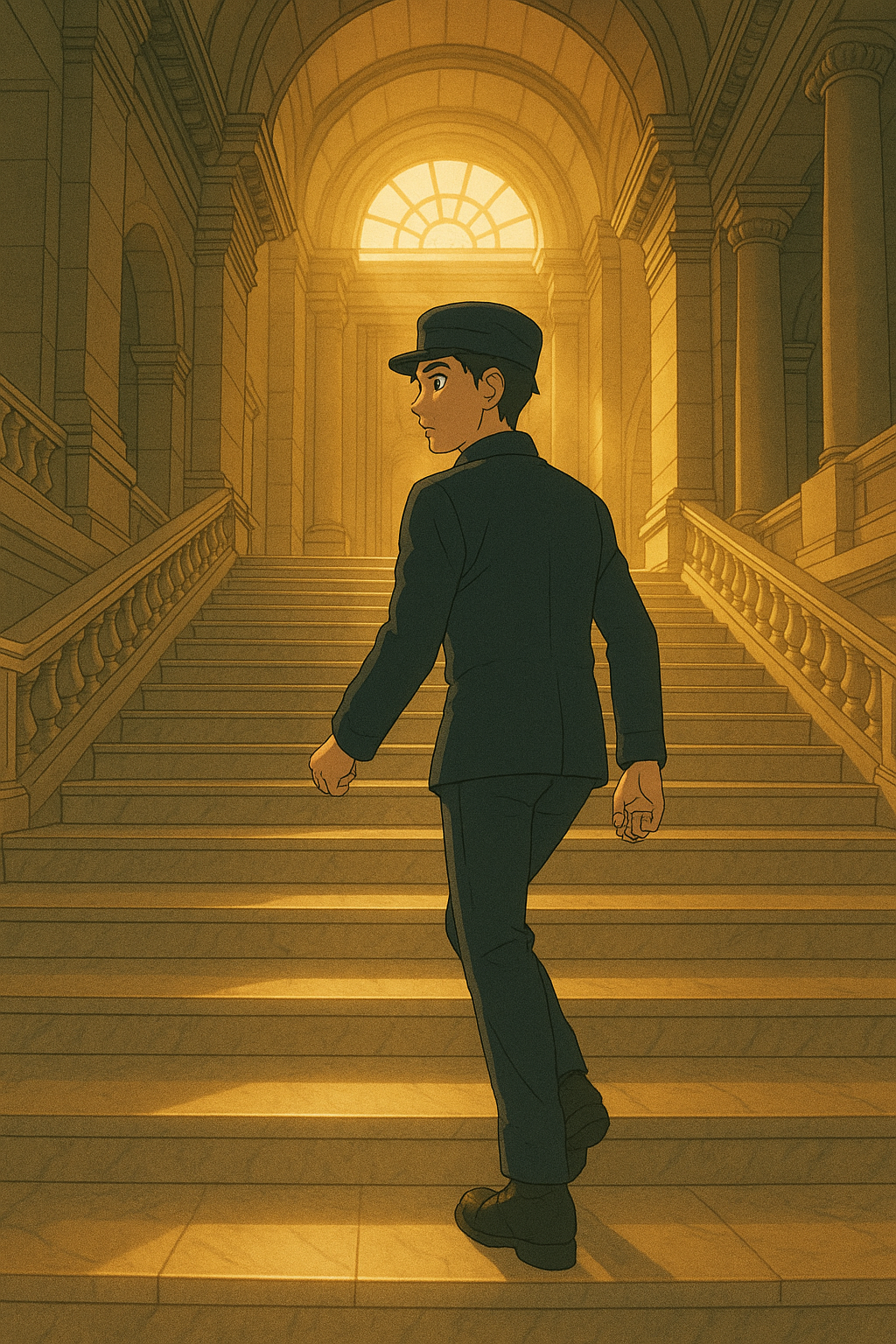 경비원이 되기 위해 대리석 계단을 오르는 장면, 치유의 시작을 보여줌