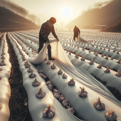 마늘을 백색 부직포로 덮여 보호되고 있는 모습