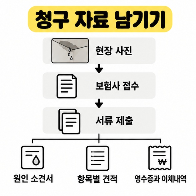현장 사진 기록, 보험사 접수, 서류 제출 순서와 원인 소견서, 항목별 견적, 영수증 및 이체내역을 보여주는 청구 준비 도식
