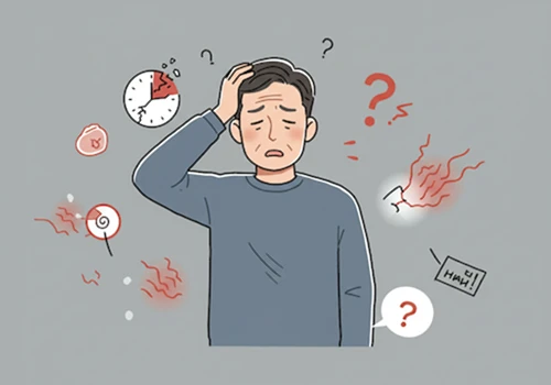 심플하고 현대적인 일러스트 스타일로 그린&amp;#44; 예상치 못한 피로&amp;#44; 짜증&amp;#44; 불면 증상에 당혹스러워하는 중년 남성의 모습과 상징적 요소
