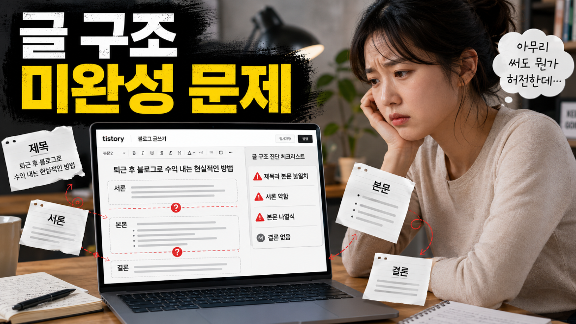 제목 서론 본문 결론이 연결되지 않아 블로그 글 구조가 미완성된 문제 상황 이미지