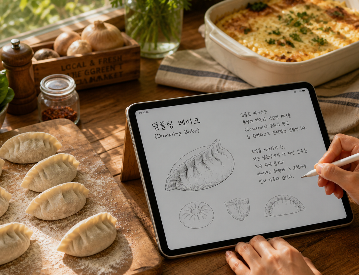 아이패드에 만두 단면 드로잉과 레시피 노트를 기록하며 덤플링 베이크를 준비하는 따뜻한 주방 이미지