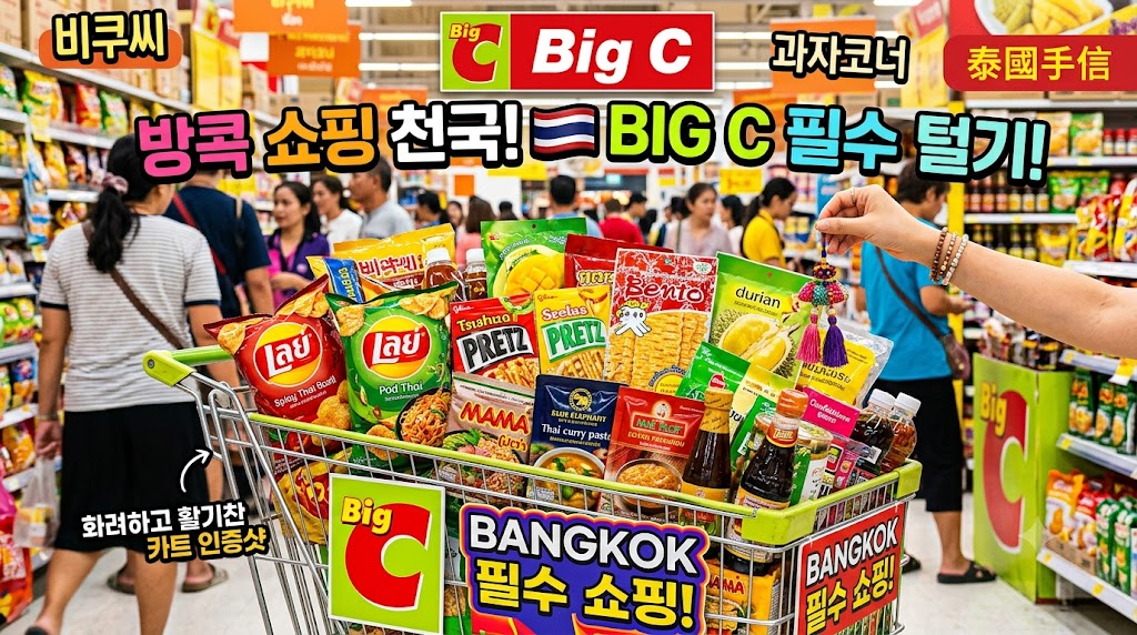 방콕 빅씨마켓 마트 내부에 가득 쌓여 있는 태국 필수 기념품 과자들과 쇼핑 카트