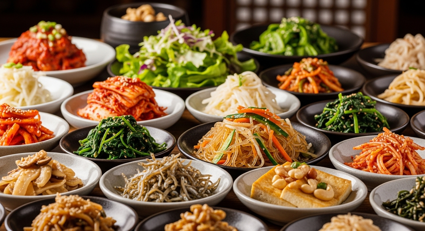 가보정의 정갈하고 다채로운 한정식 반찬들이 돋보이는 근접 촬영 사진. 신선하고 맛깔스러운 다양한 반찬들이 식욕을 돋운다.