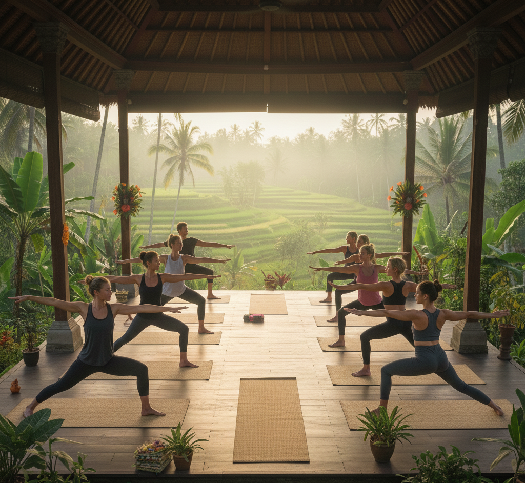 우붓 라이스필드에서 요가와 명상을 즐기는 여행자 모습