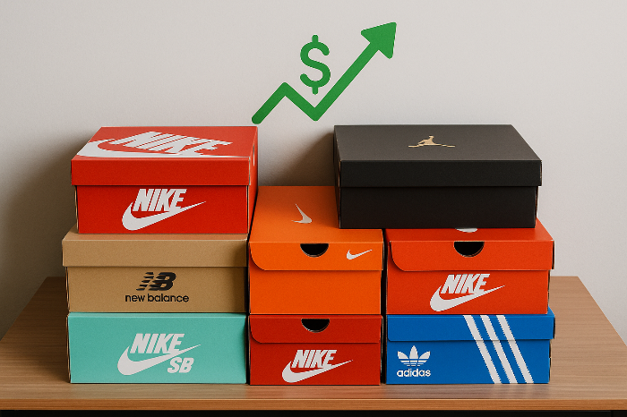 한정판 스니커즈 박스가 정렬된 장면