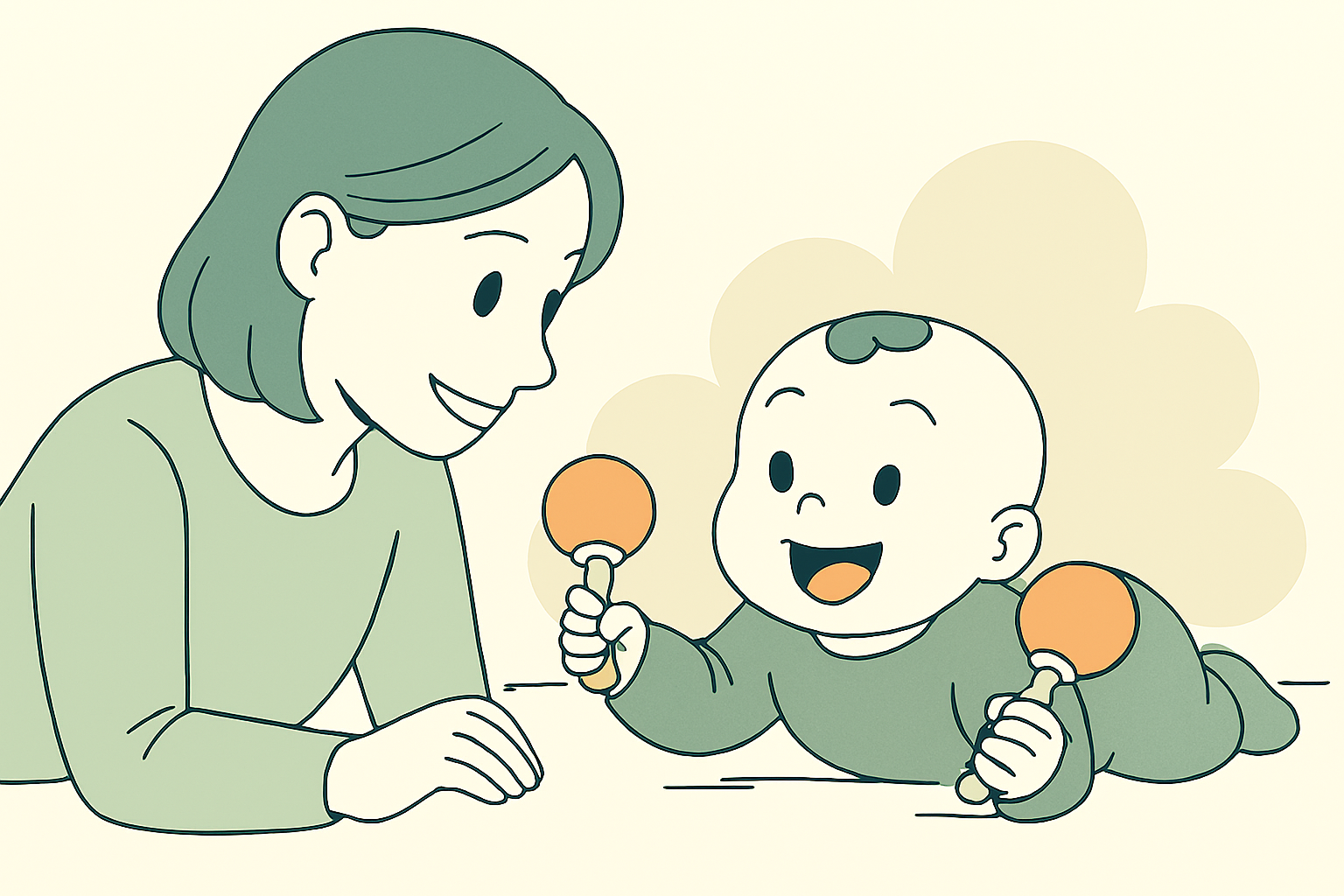 생후 5개월 아기가 양손으로 장난감을 잡고 엄마와 교감하는 모습